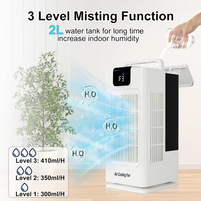Sugoiti Portable Fan, 4 Speeds, 8H Timer, 3 Mists, 2L Tank, 7 Color Night Lights, Remote, 120° Oscillation, Ideal for Home, Bedroom or Office