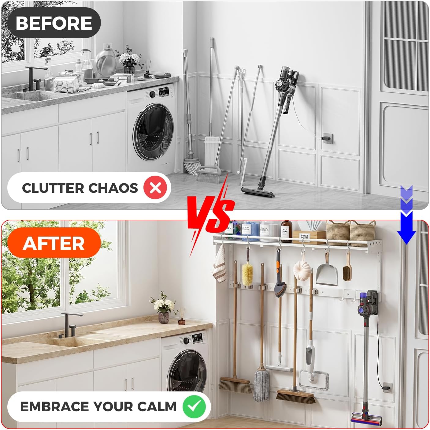 Broom Holder Wall Mount with Shelf, Black, L | 3 in 1 Broom and Mop Organizer, Wall Hanging, For Laundry, Garage, Utility, Vacuum Stand Alternative