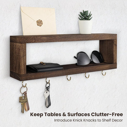 Lwenki Wall Shelf with Hooks - Decorative Key and Wallet Holder for Wall Holds Sunglasses, Leashes, Scarves and Lanyards - 15.7" x 5.1" x 2.9" Entryway Organizer Made of Paulownia Wood (White)