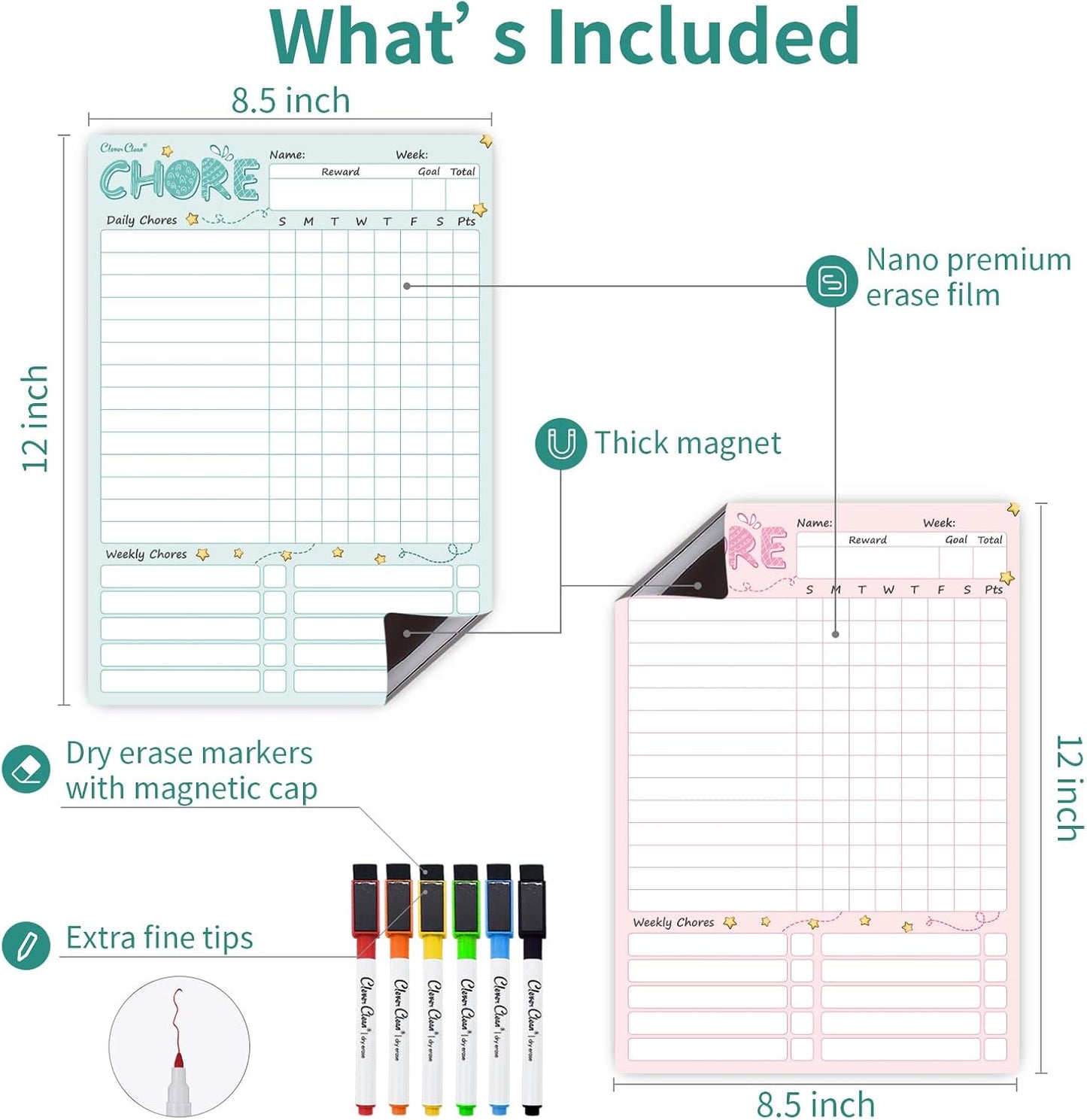 Magnetic Dry Erase Chore Chart - 8.5"x12" Behavior Responsibility Chore Board for Kids, Teenagers - 6 Extra Fine Point Markers Included - Shipped Flat 3 Pcs Blue Pink & Green