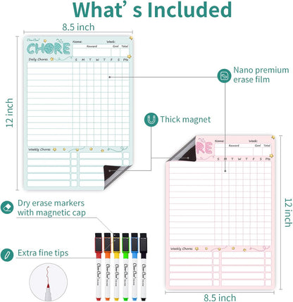 Magnetic Dry Erase Chore Chart - 8.5"x12" Behavior Responsibility Chore Board for Kids, Teenagers - 6 Extra Fine Point Markers Included - Shipped Flat 3 Pcs Blue Pink & Green