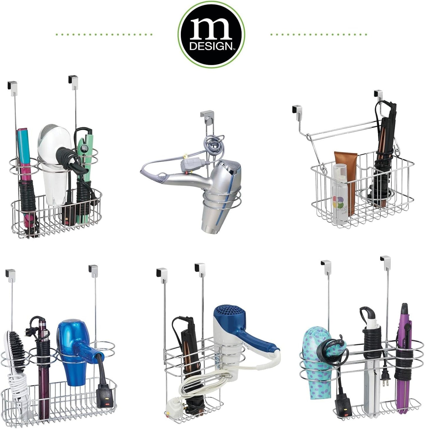 mDesign Metal Bathroom Storage Tool Organizer Accessory Basket Tray - Hang Over Cabinet Door - Storage for Hair Dryer, Straightener, Curling Iron & Hair Styling Products - Concerto Collection - Chrome