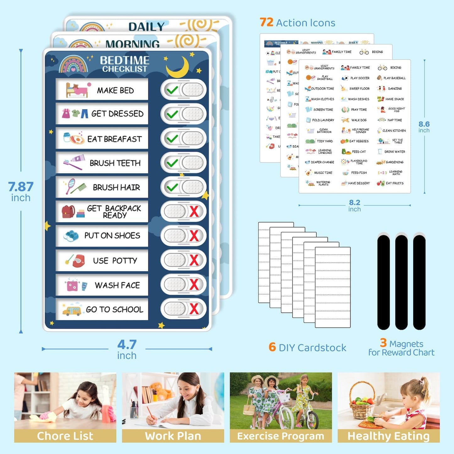 CustomMaster 3 in 1 Bedtime/Morning/Daily Routine Chart for Kids, Magnetic Chore Chart for Kid, Visual Schedule for Kid Toddlers