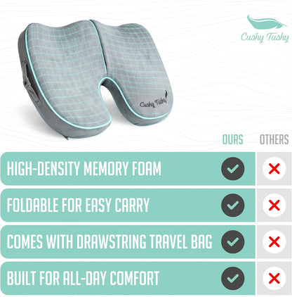 Cushy Tushy Premium Foldable Travel Seat Cushion - for Relief of Lower Back, Sciatic, Butt and Tailbone Pain - for Home & Office Use, Perfect for Travel or Driving - Coccyx Seat Cushion