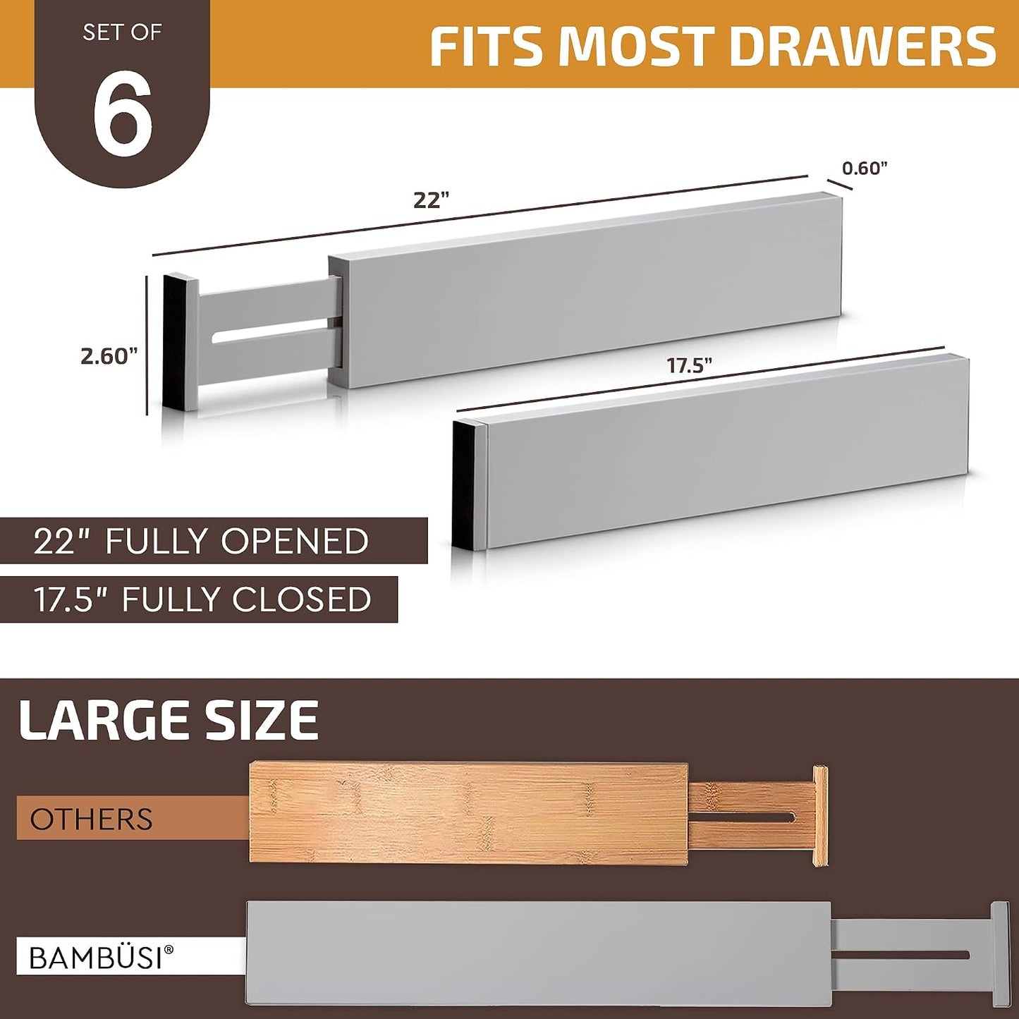 6-Pack Drawer Dividers 2.6-Inch High Dresser Drawer Organizer 16 to 22 Inch | Bamboo, Spring Loaded, No Tools Needed, Fits Wide Drawers for Socks, Clothes, Utensils, Bedroom, Bathroom, Kitchen, Office