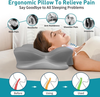Cervical Pillow for Neck Pain Relief, Ergonomic Neck Pillow for Sleeping, Contour Pillow for Neck Support, Memory Foam Pillows for Side Back Stomach Sleepers(White&Grey)