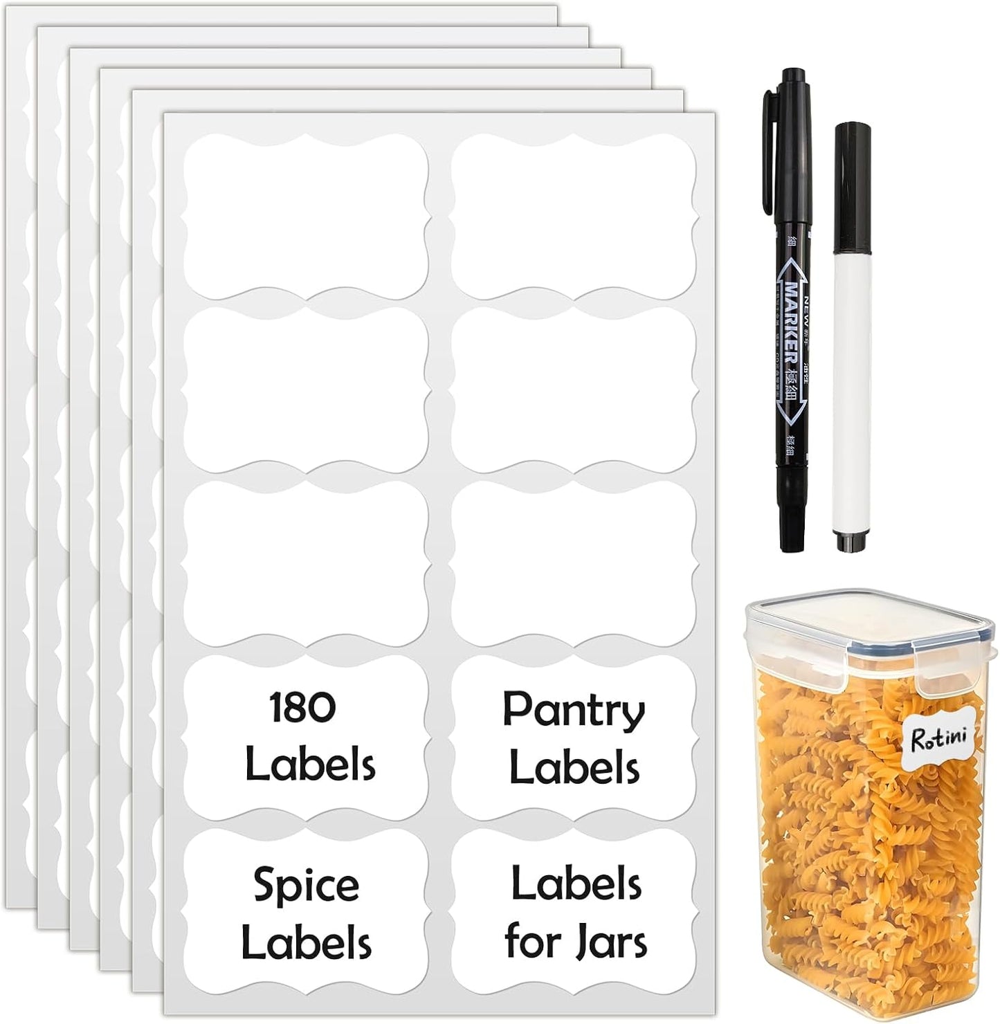 JIEHENG 180Pcs Labels for Jars,Black Wavy Stickers with 1 Chalk Markers | Black,Shape of Wavy,Reusable,Removable Labels for Storage Bins