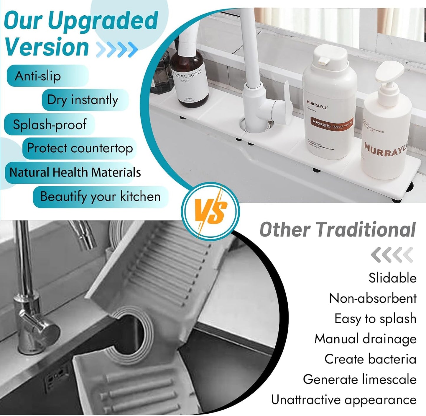 Faucet Mat for Kitchen Sink with Raised Feet, Stone Sink Mat Quick Dry around Faucet, Water Absorbent Stone Tray, Sink Splash Guard & Protectors, Stone Drying Mat for kitchen Counter
