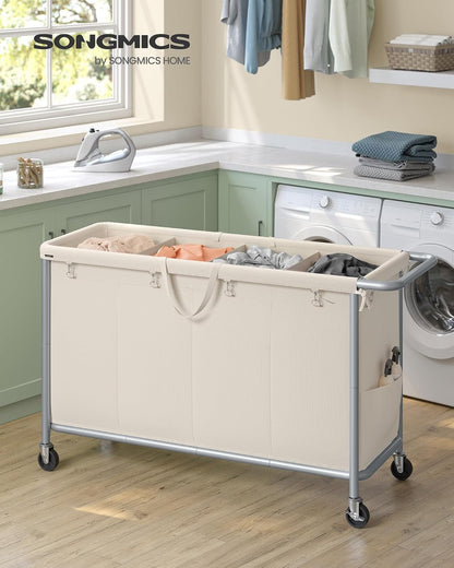 SONGMICS Laundry Basket with Wheels, 4-Section Rolling Laundry Hamper, 68.6 Gallons (260 L), Removable Liner, Steel Frame with Handle, 43.3 x 15.4 x 31.9 Inches, Cream White URLS014W01