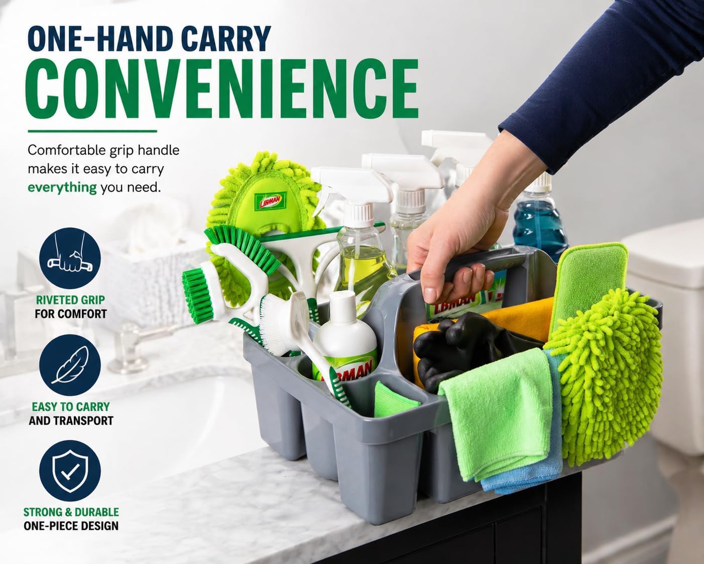 Libman Maid Caddy Cleaning Organizer, Heavy-Duty Janitorial Carry Caddy with Bottle Holders, Toilet Brush Holder & Tool Compartments, Commercial Cleaning Supply Tote