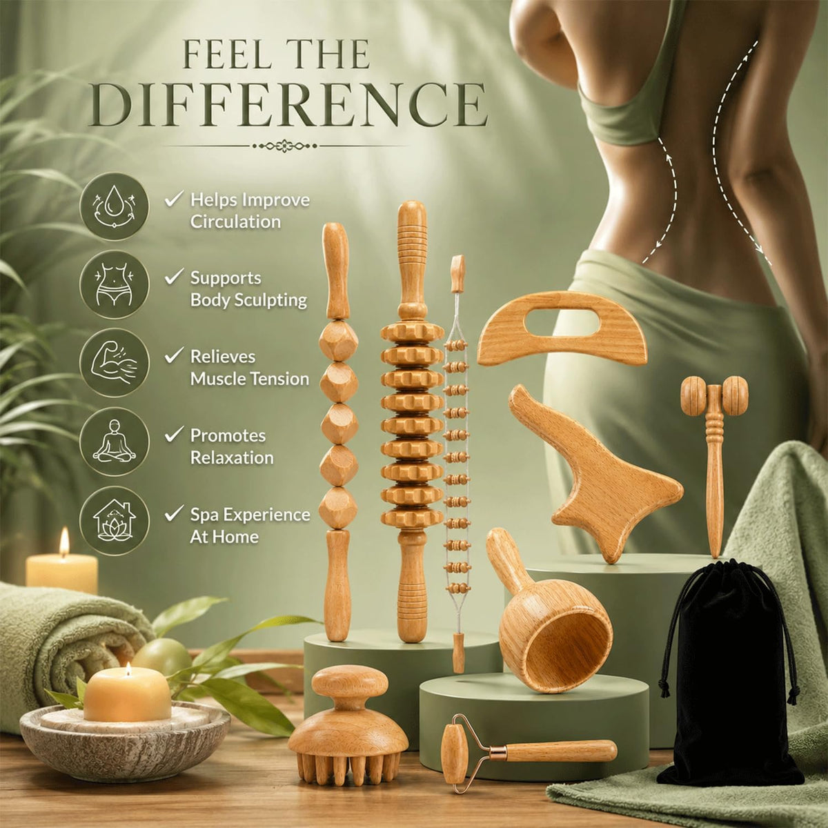 9pcs Wood Therapy Massage Tools, Lymphatic Drainage Tools, Wood Therapy Set with Carry Bag, Maderoterapia Kit, Wood Therapy Tools for Body Sculpting