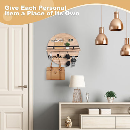Key Holder for Wall, Key and Mail Holder Organizer with - Key Holder Wall Mount - Round Wooden Rustic Home Decor for Entryway, Mudroom, Hallway, Kitchen Office (Black)