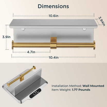 FORIOUS Toilet Paper Holder with Shelf, Commercial Toilet Paper Dispensers | Brushed Nickel | Wall Mount Bathroom Tissue Holder | SUS304 Stainless Steel Rustproof | Double Tissue Roll Holder