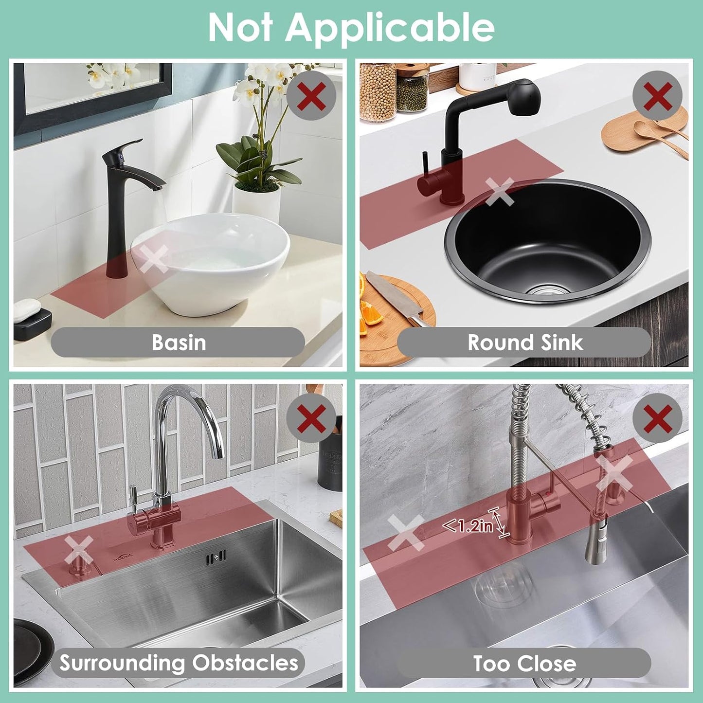 24-Inch Silicone Faucet Mat for Kitchen Sink Splash Guard, 7° Slope | 24"x5.5" water draining mat with fasten button; 1.6-2.75" customizable hole for bathroom, RV & kitchen sink drip catcher.