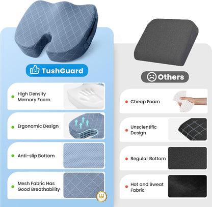 TushGuard Office/ Car Seat Cushion, Non-Slip Sciatica & Back Coccyx Tailbone Pain Relief Chair Pad, Memory Foam Butt Pillow for Computer Desk, Wheelchair, Driving (Black)