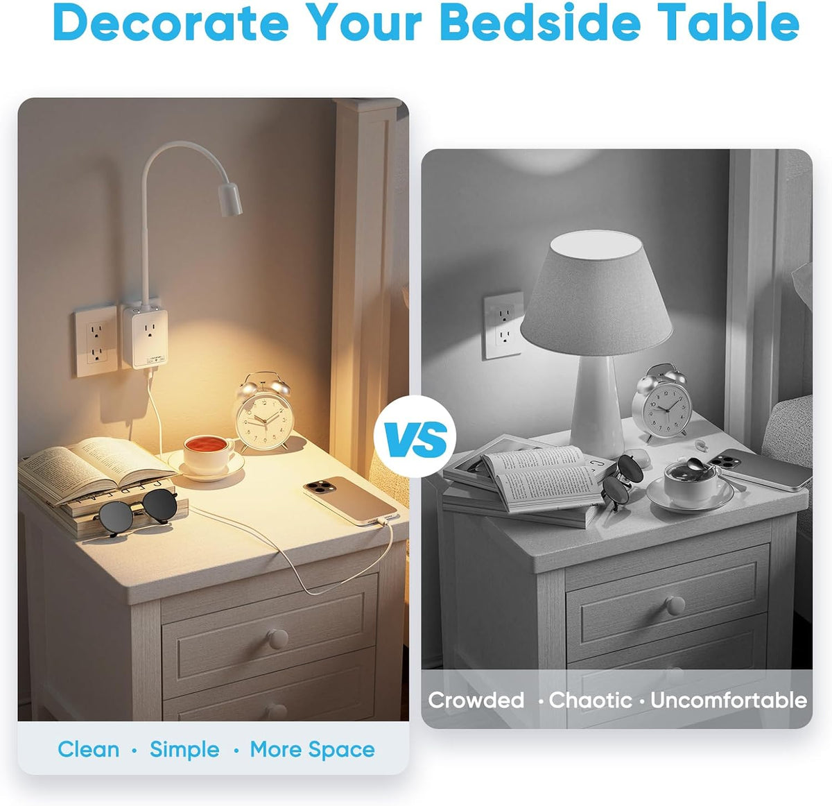 Plug in LED Book Reading Spot Light, White Dimmable Wall Sconce Lamp with Power Plug and Outlet Extender for Kitchen Bedroom Living Room, 3 Lighting Colors, USB Output Charging Ports