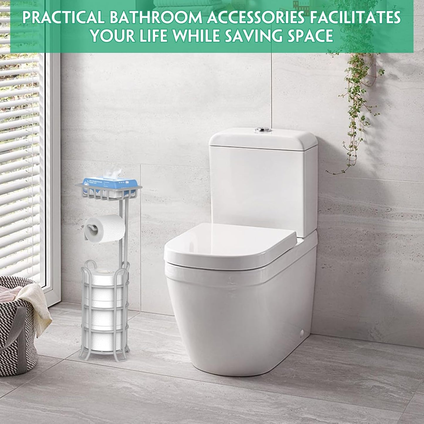 TomCare Toilet Paper Holder Free Standing with Shelf, Stable 4 Raised Feet | Stores 4 Mega Rolls, Tool-Free Assembly, Powder-Coated Metal Frame, Bathroom Storage Organizer for Spare Rolls, Silver