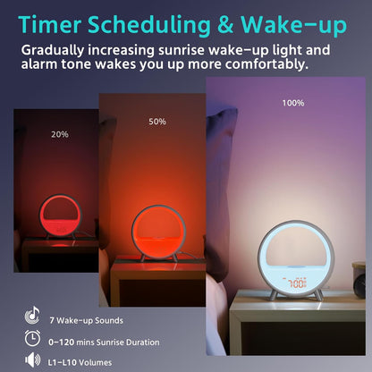 MOMILLA Smart Sunrise Alarm Clock with Wireless Charging Station, App Control Wake-Up Light & White Noise Sound Machine, Bluetooth Speaker, Compatible with Airpods/iPhone for Bedrooms & Heavy Sleepers | Bluetooth Speaker App Control,Wake-Up Light,White