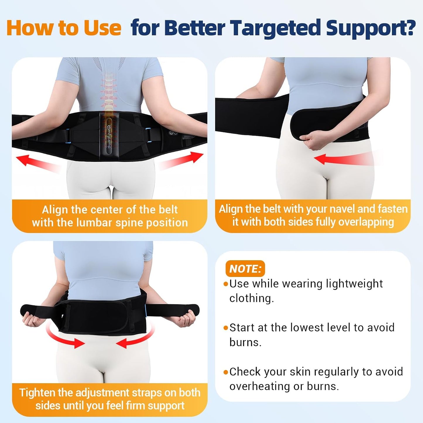 Comfytemp Cordless Heating Pad with Back Brace for Lower Back FSA Eligible | HSA Portable Wireless Wearable Heated Rechargeable Lumbar Support, Gifts for Mom Dad, 3 Heat 3 Timer, 52" (No Massage)
