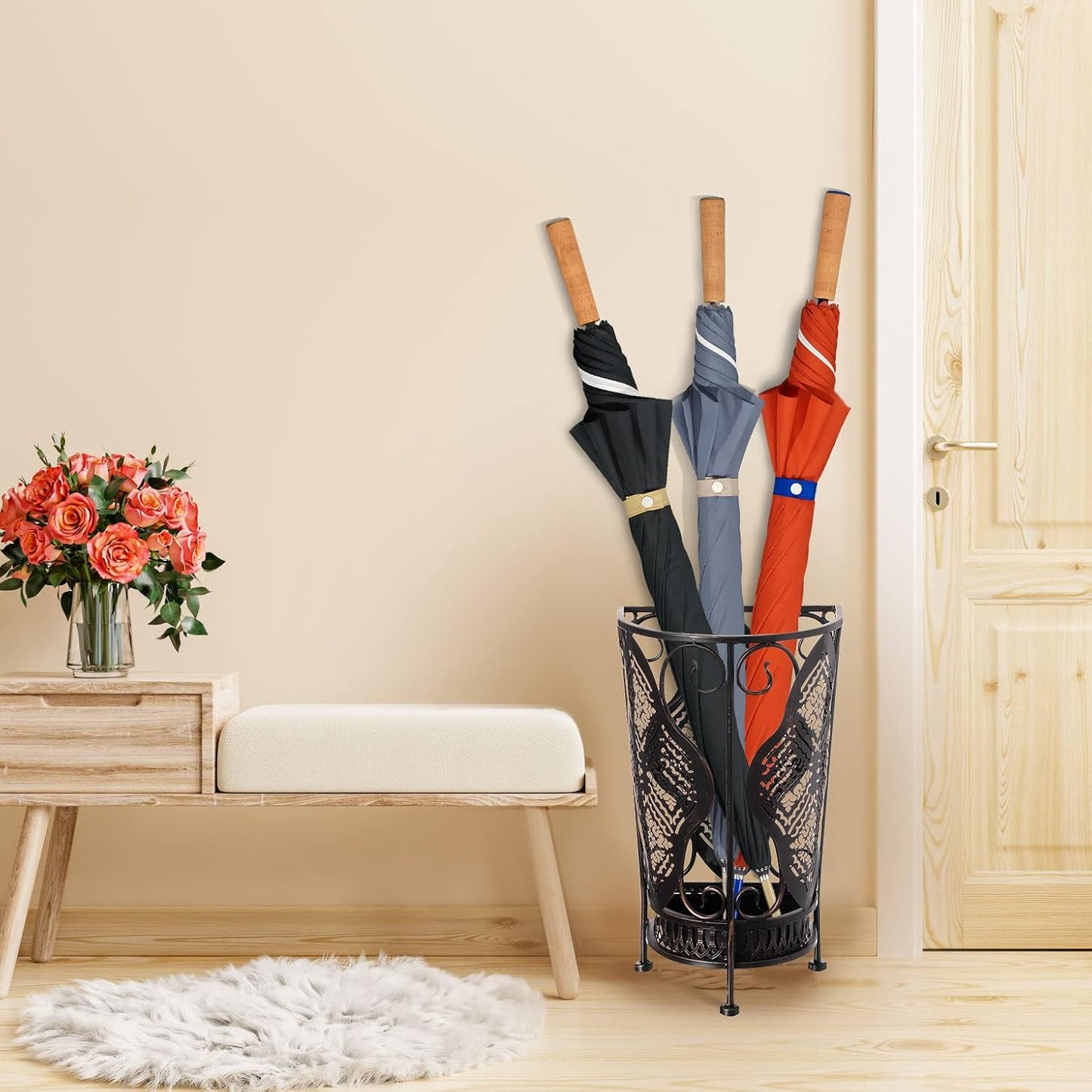Dualplex Umbrella Holder Umbrella Stand Rack Metal Entry Hallway Décor w/Removable Drip Tray for Home Office Holds Umbrellas Canes Walking Sticks 16" Tall (Square, Antique)