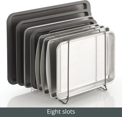 mDesign Large Metal Wire Organizer Rack for Kitchen Cabinet, Pantry, Shelves - Holder with 8 Slots for Baking Sheets, Skillets, Frying Pans, Pots, Lids, Cutting Boards, Appliances - Dark Gray