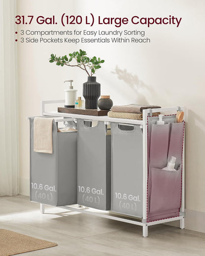 VASAGLE Laundry Hamper, Laundry Basket Sorter with 3 Pull-Out and Removable Bags, Shelf, Metal Frame, 3 x 10.6 Gallons (40 L), 36.4 x 13 x 28.4 Inches, Cappuccino Beige and Natural Beige UBLH301LH01