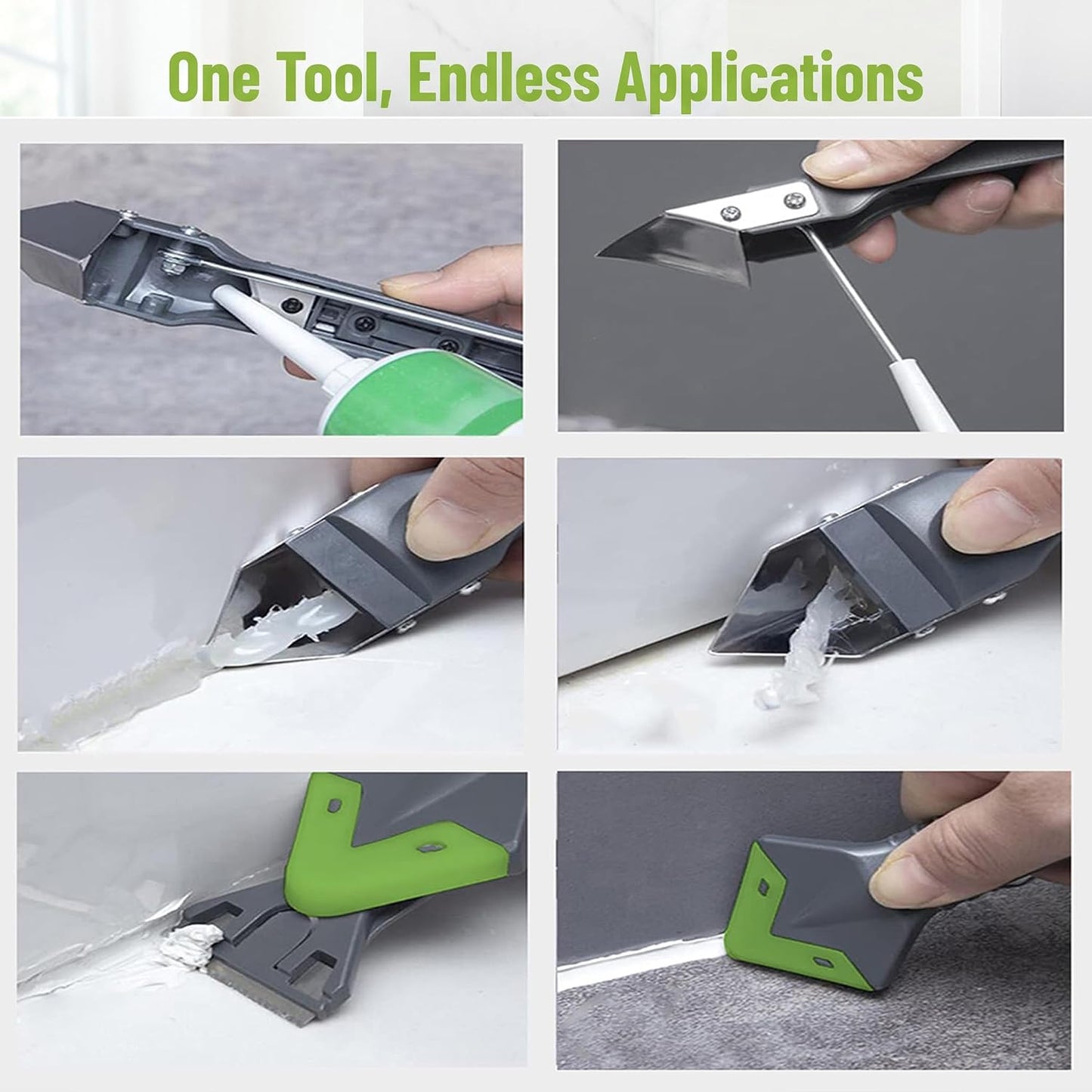 5-in-1 Caulking Tool Kit, Stainless Steel Caulk Remover & Silicone Sealant Finishing Tool with 5 Replaceable Radius Pads, Grout Removal & Scraper Tool for Bathroom, Kitchen, Tile, Window, Sink