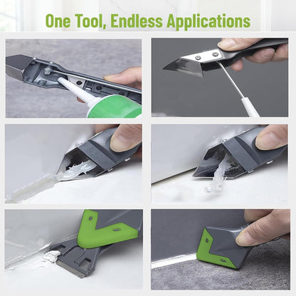 5-in-1 Caulking Tool Kit, Stainless Steel Caulk Remover & Silicone Sealant Finishing Tool with 5 Replaceable Radius Pads, Grout Removal & Scraper Tool for Bathroom, Kitchen, Tile, Window, Sink
