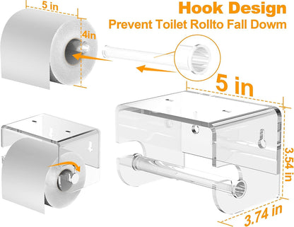 Adhesive Toilet Paper Holder with Shelf, Bathroom Toilet Paper Roll Stand, Wall Mounted Tissue Storage Holder, Acrylic Bathroom Accessories, with 3M Self Adhesive No Drilling (Clear)