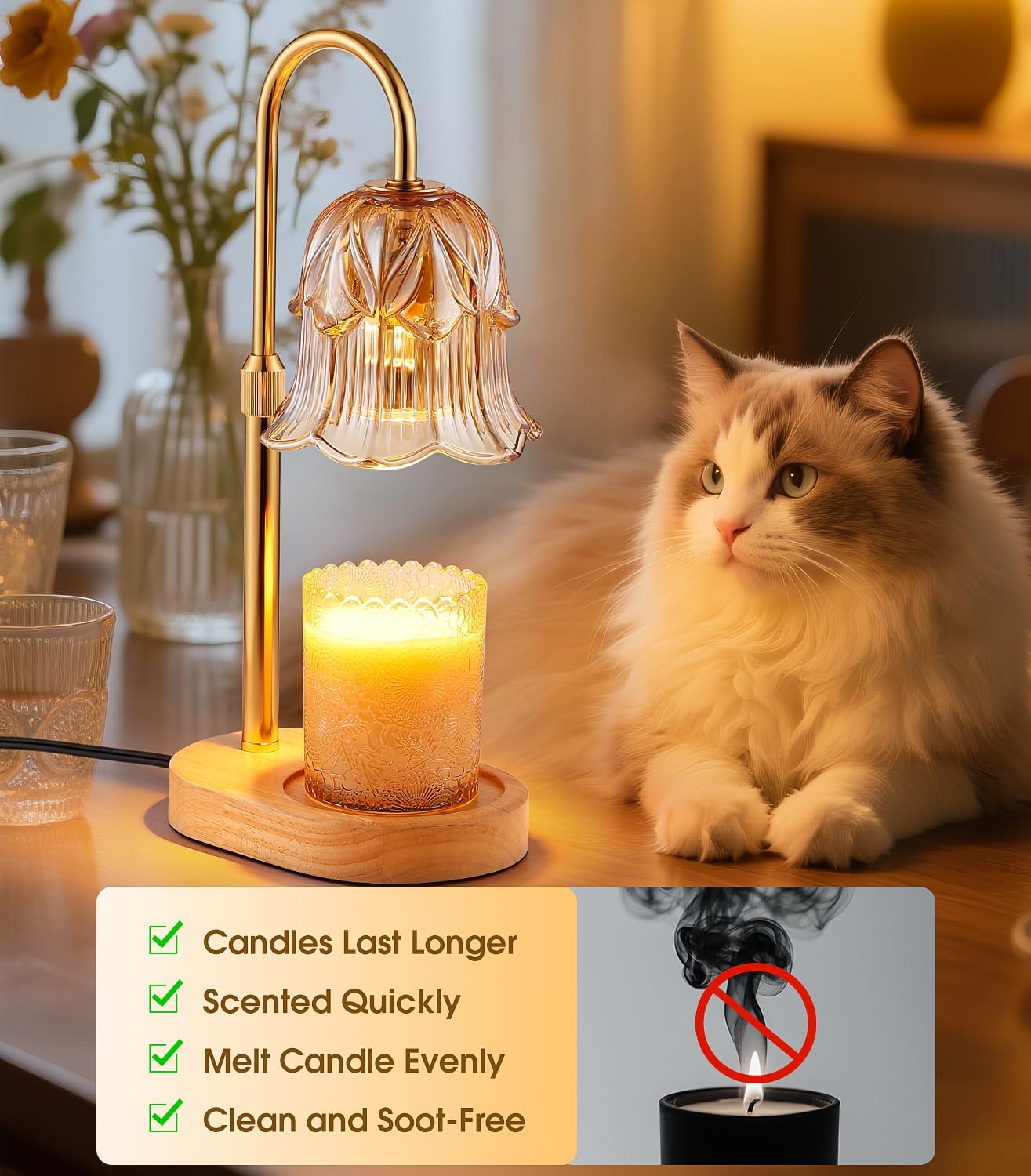 Candle Warmer Lamp Adjustable Timer - Electric Flower Glass Candles Light | Height Adjustable Dimmable Vintage Base Modern Wax Candles Jar Top Warmers Wax Melts Birthday Women Mom House Warming Gifts