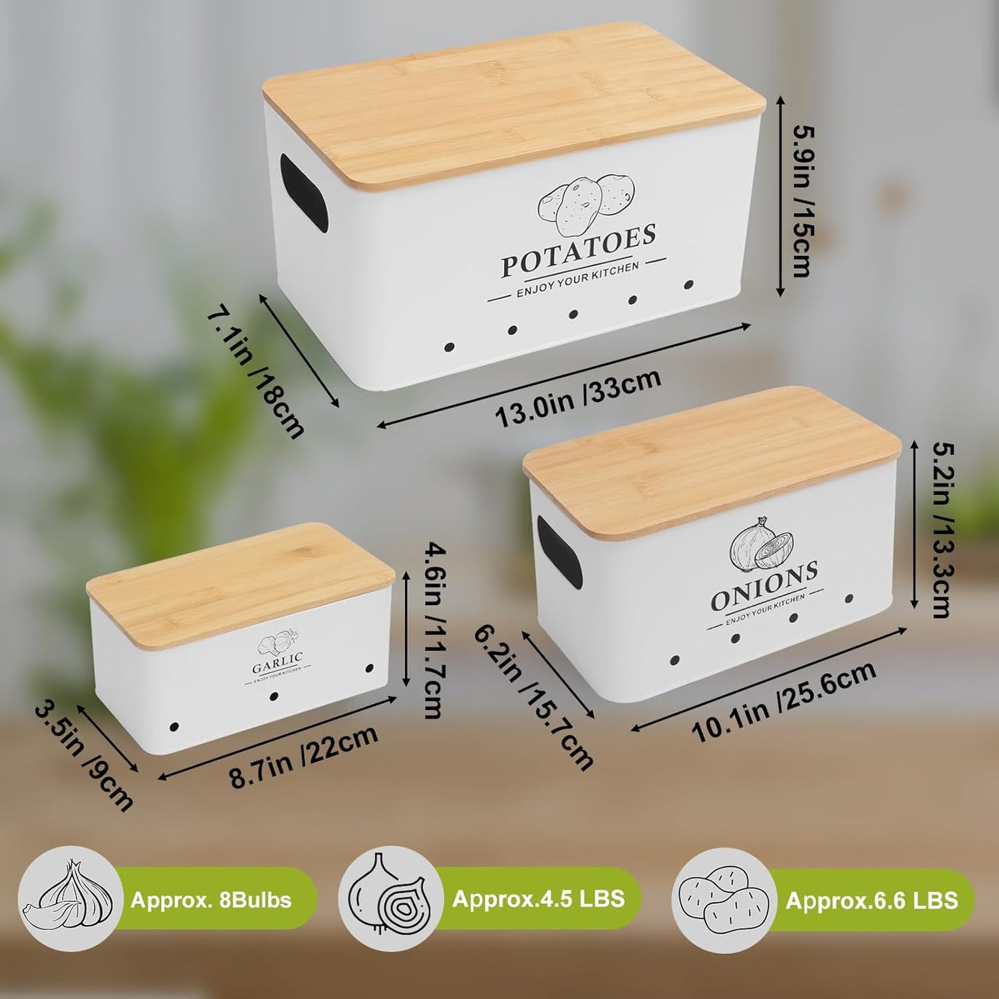 Kitchen Vegetable Storage Set of 3, Metal Onion Garlic Potato Storage Set, Kitchen Canisters Vegetable Keeper Containers with Aerating Holes and Bamboo Lid,Black