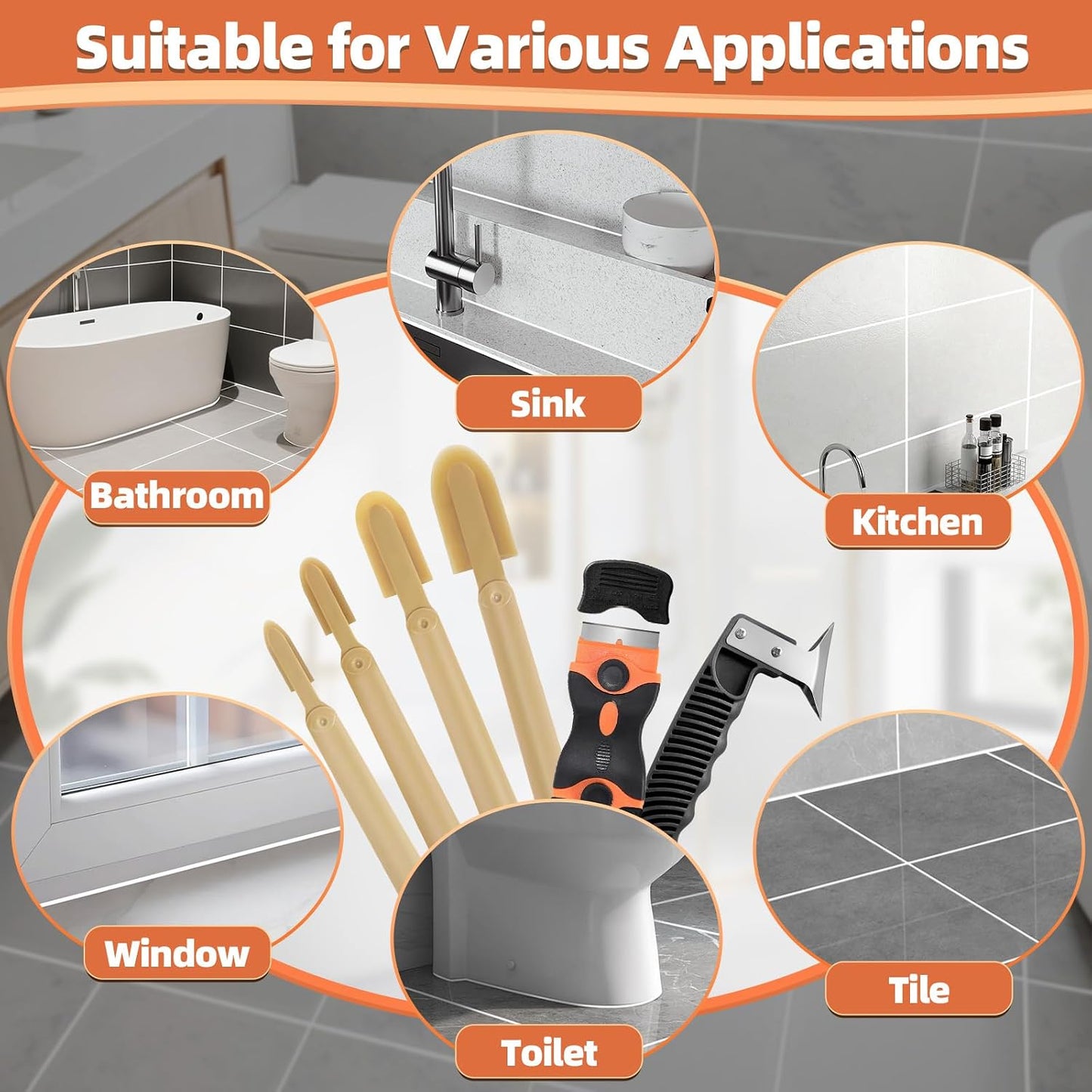 6 Pcs Caulk Tool Set-Multi- Caulk Smoothing Tool,Razor Blade Scraper | Purpose Silicone Caulking Tool Kit,Caulk Remover Tool for Clean Seal Lines,Non-Scratch for Bathroom,Kitchen,Window Repair