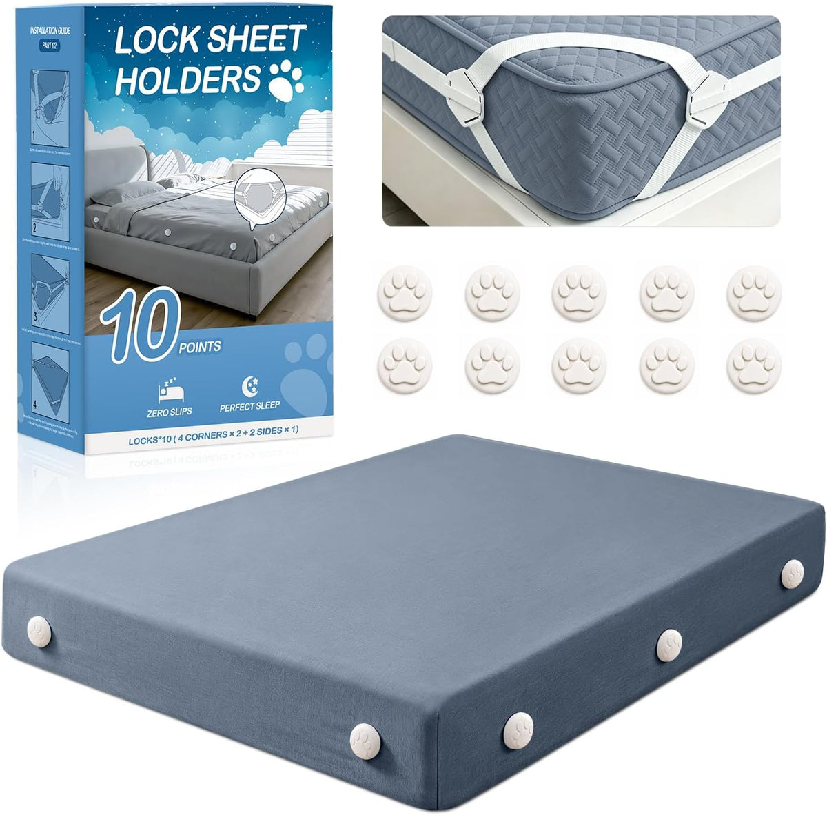Bed Sheet Holders, Fitted Sheet Holder, 10 Twist-Locks, 360°Secure Fit