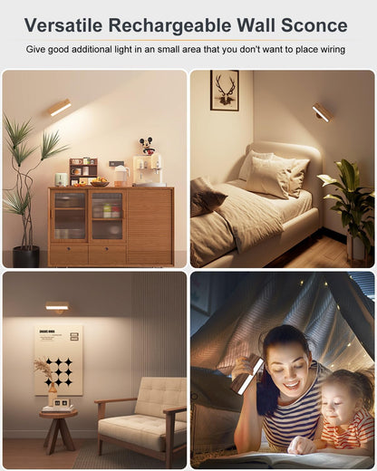 DetarZinLED Wall Lights Battery Operated Wooden,Magnetic Wall Sconces Rechargeable,Adhesive Wall Lights for Bedroom,Dimmable Wall Mounted Bedside Lamp,Cordless Battery Wall Sconce for Bedroom Reading