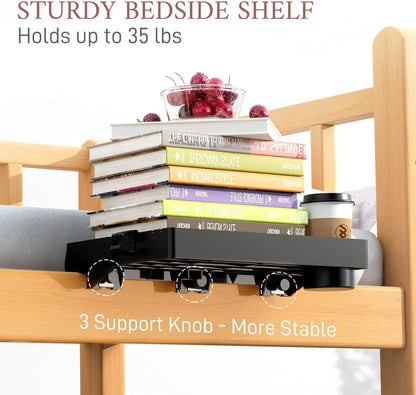 COLMO Folding Clip-On Bedside Shelf with Cup Holder, Black | Foldable Space-Saving, USB Cable Slot, Removable Hanging Cup, Moveable Side Hook, Dorm & Loft Bed Ready