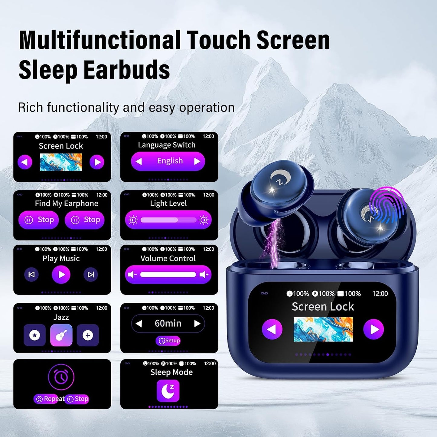2026 Sleep Earbuds Bluetooth 5.4 in Ear Smart Touch Screen Ear Buds, 48H Playtime Mini Sleep Headphones Small Design for Side Sleepers, 5 EQ Modes, Crystal-Clear Calls, IPX7 Waterproof Earphones Black