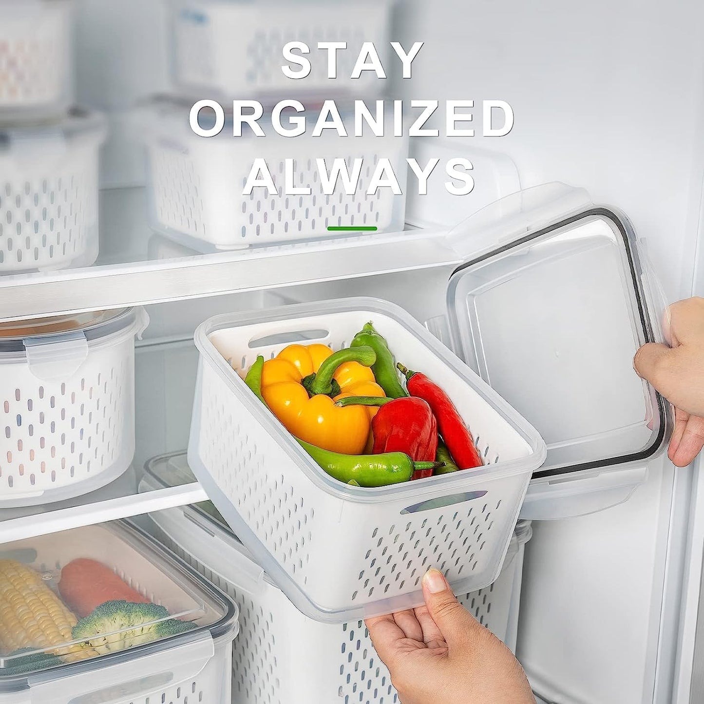 Fruit Storage Containers for Fridge with Removable Colander 10 | Airtight Food Storage Container Dishwasher Safe Produce Saver for Refrigerator Keep Berry Fruit Fresh Longer Large Clear