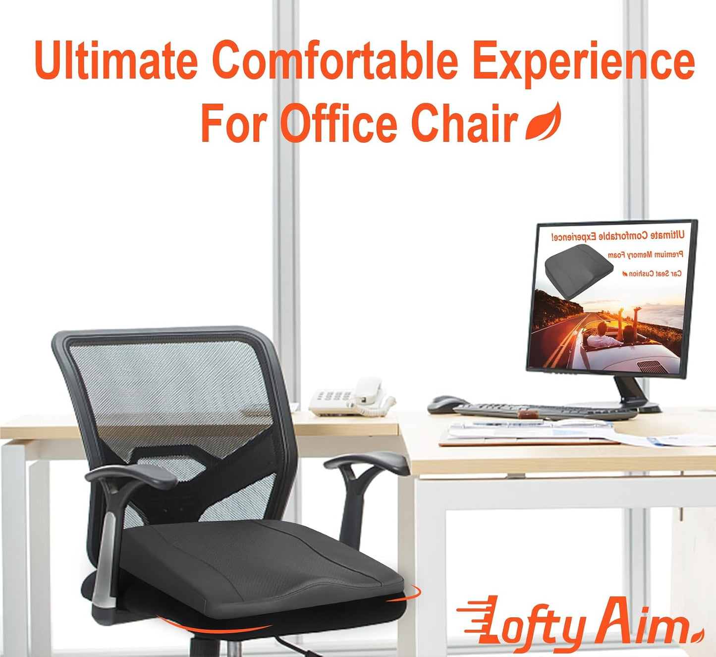 Lofty Aim Car Seat Cushion, Memory Foam Car Seat Cushions for Long Driving | Comfy Car Seat Pillow for Pain Relief, Driver Seat Cushion Adds Height, Butt Cushion for Car, Truck, Office Chair, Black