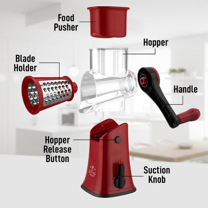 Zulay Kitchen Rotary Cheese Grater 5 Blade Cheese Shredder - Manual Hand Crank Cheese Grater With Reinforced Suction & 5 Interchangeable Drums - Easy to Use, Vegetable Chopper Round Mandoline Slicer - Colors A
