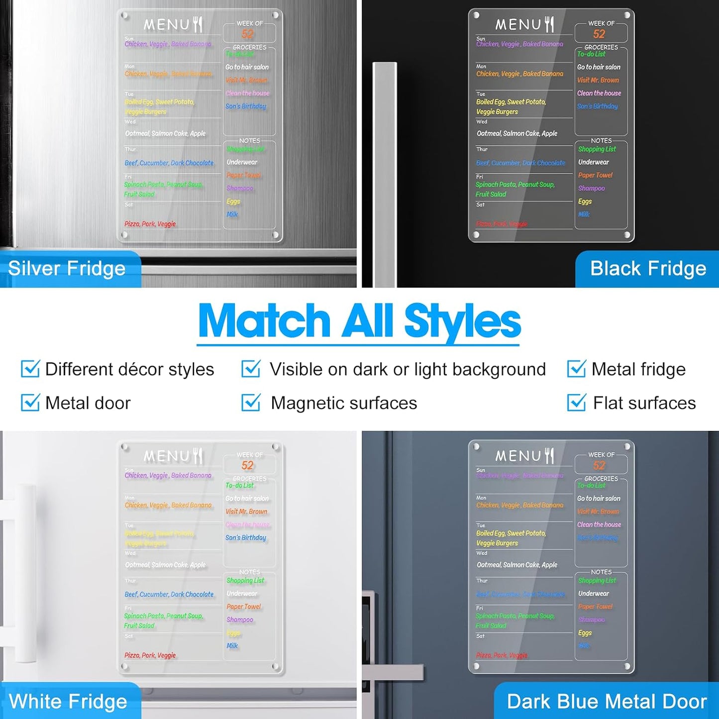 Acrylic Meal Planner Weekly Calendar Menu Board for Kitchen, w/ 8 Markers | Clear Weekly Fridge Calendar Planning Note Board Dry Erase to Do/Grocery/Shopping List/Chore Chart, 12.8x9’’
