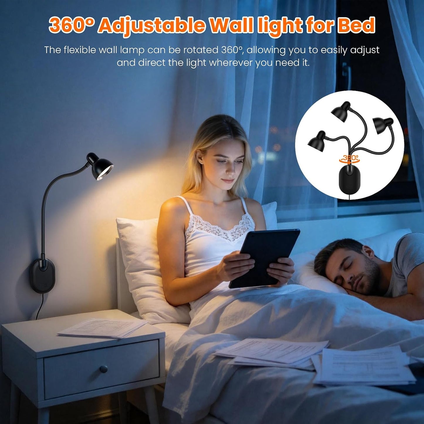 Wall Mounted Reading Light, LED Wall Bedside Lamp with Adapter, 5 Color & 10 Brightness, Plug-in Adhesive Wall Reading Lights for Books in Bed, Auto-Off Timer Wall Lights for Bedroom Headboard Black