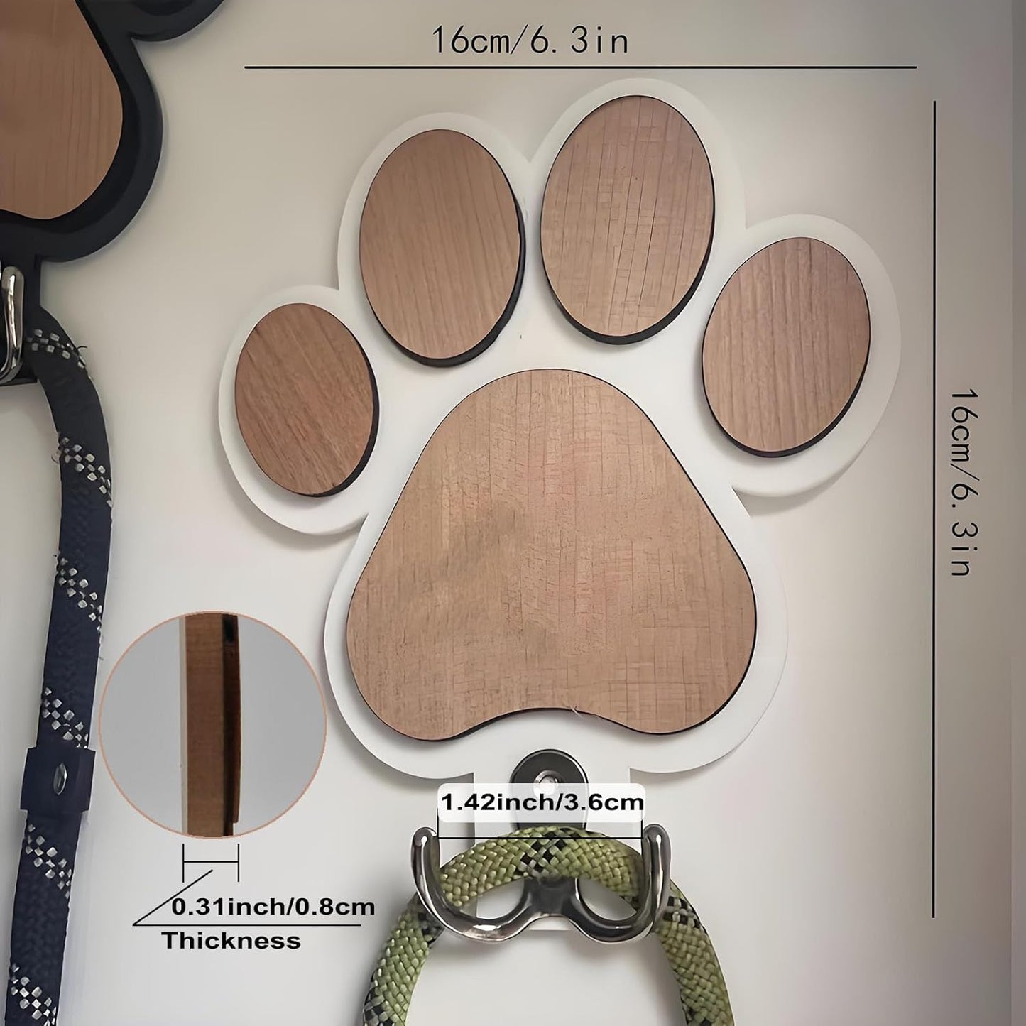 Goodangie00 Wooden Dog Leash Holder Wall Decoration, 3D Dog Paw Harness Wall Mount Hanger Organizer Hooks for Rustic Home Decor, Leashes, Keys, Collars, Hallway, Pet Lover Gift（White）