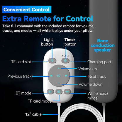Pillow Speaker for Sleeping w/Remote - Without TF Card, White | Bone Conduction Speaker, 36 Built-in White Noise, Flat Thin Wireless Speaker under Pillow for Side Sleepers, Dusker Sleep Bar