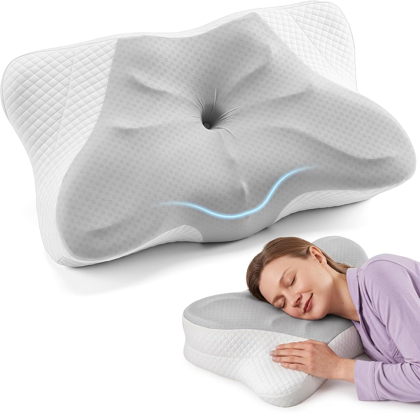 Sweetcrispy Cervical Pillow for Neck and Shoulder - Ergonomic Memory Foam Pillows, Contour Side Sleeper for Adults, Cooling Orthopedic Neck Support for Back Stomach Sleepers, White