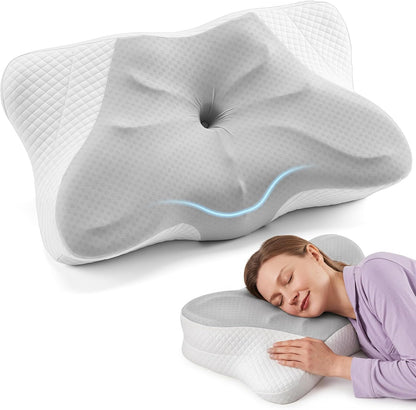 Sweetcrispy Cervical Pillow for Neck and Shoulder - Ergonomic Memory Foam Pillows, Contour Side Sleeper for Adults, Cooling Orthopedic Neck Support for Back Stomach Sleepers, White