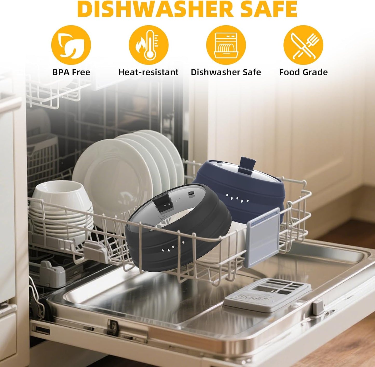 Microwave Splatter Cover Glass Guard Lid with Collapsible Silicone for Food Pot Plate Cover 9.8 inch Dark Blue