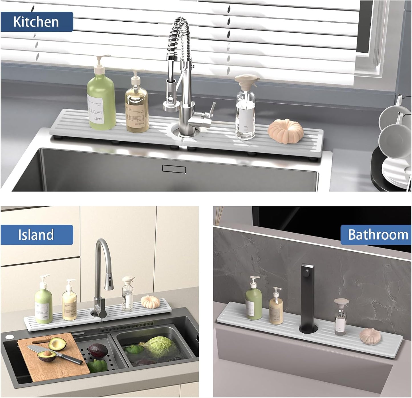 Faucet Mat for Kitchen Sink with Raised Feet, Stone Sink Mat Quick Dry around Faucet, Water Absorbent Stone Tray, Sink Splash Guard & Protectors, Stone Drying Mat for kitchen Counter