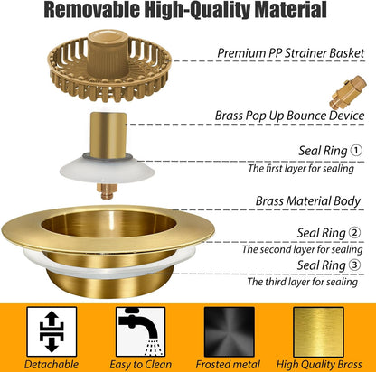 Anlige Kitchen Sink Drain Strainer, 3 in 1 Pop Up Kitchen Sink Stopper, with An Extra Basket Strainer, Universal for US Standard 3-1/2 Inch, Chrome Silver