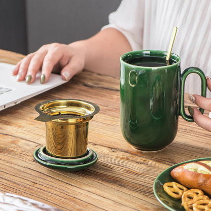 Ceramic Tea Cup Mug Infuser - VICRAYS Large 16 oz Hot Loose Steeping Handle Teacup with Leaf Infuser Spoon Lid - Blue Tall Glazed Strainer Coffee Mug Microwave Safe - Blue