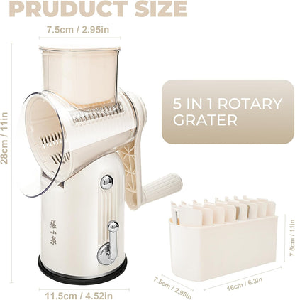 Rotary Cheese Grater Manual Hand Crank with 5 Blades & Suction Base, Kitchen Vegetable Shredder Slicer for Veggie, Nuts, Fruit, Cream